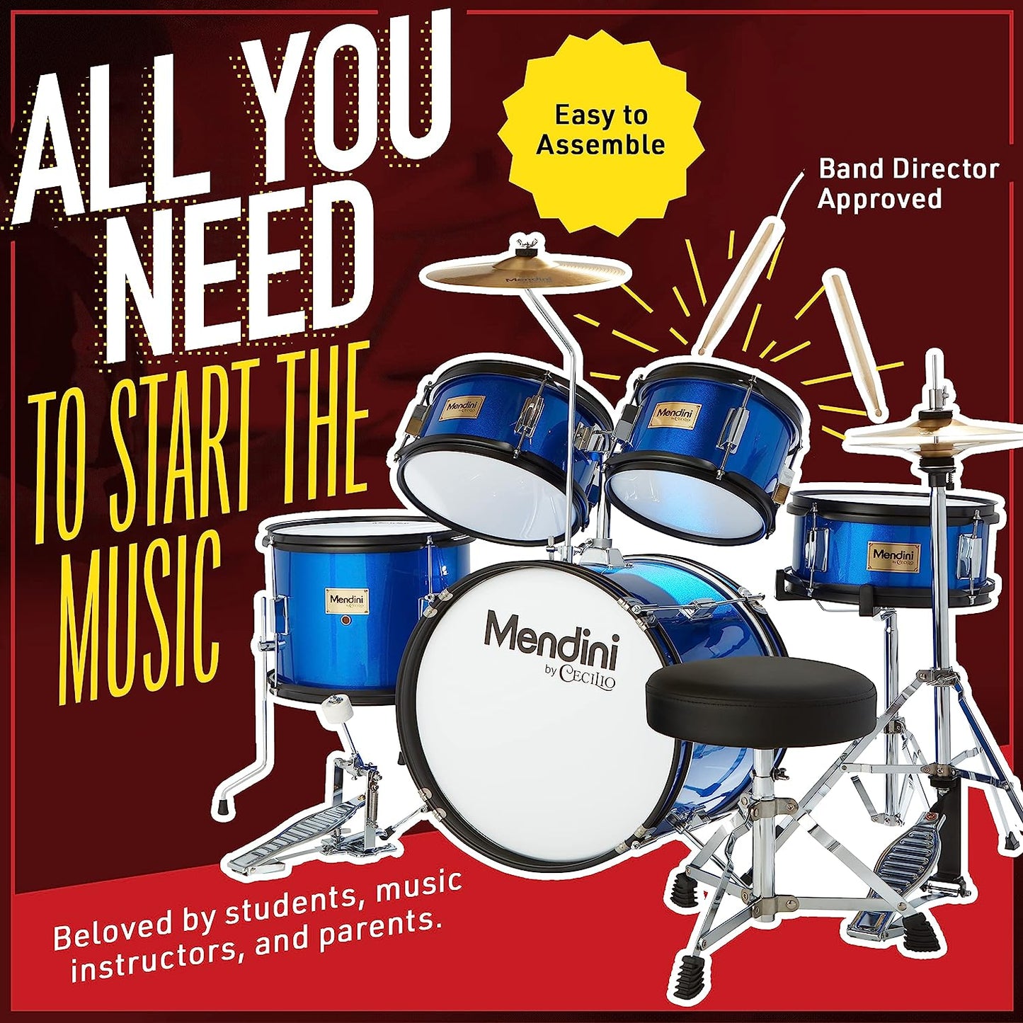 Mendini By Cecilio Kids Drum Set - Starter Drums with Bass, Toms, Snare, Silver- (Used)