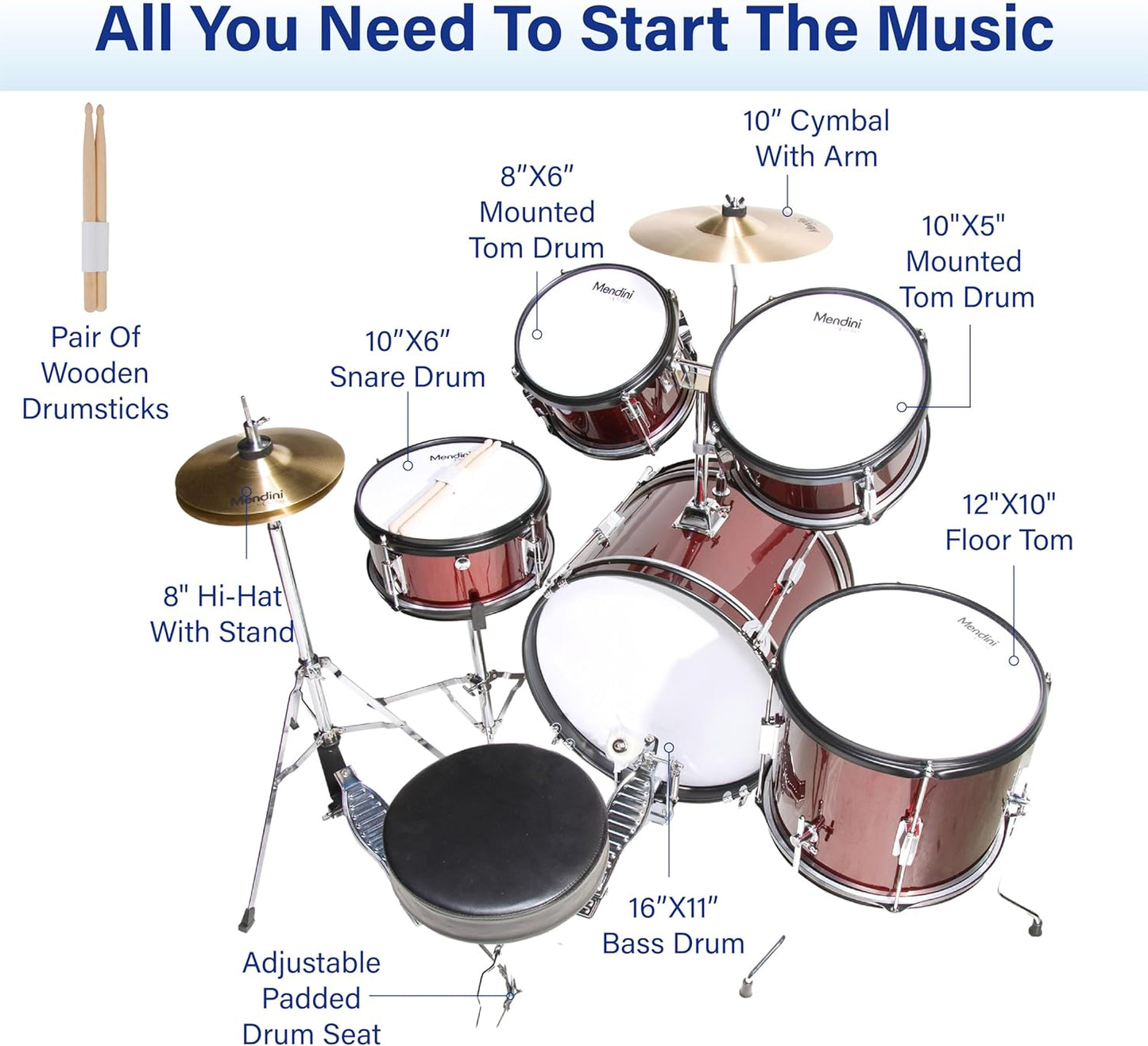 Mendini By Cecilio MJDS-5-WR Durable Wood 5 Pieces Drum Set Entry Level Drummer (Used, No Retail Box)