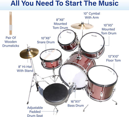 Mendini By Cecilio MJDS-5-WR Durable Wood 5 Pieces Drum Set Entry Level Drummer (Used, No Retail Box)