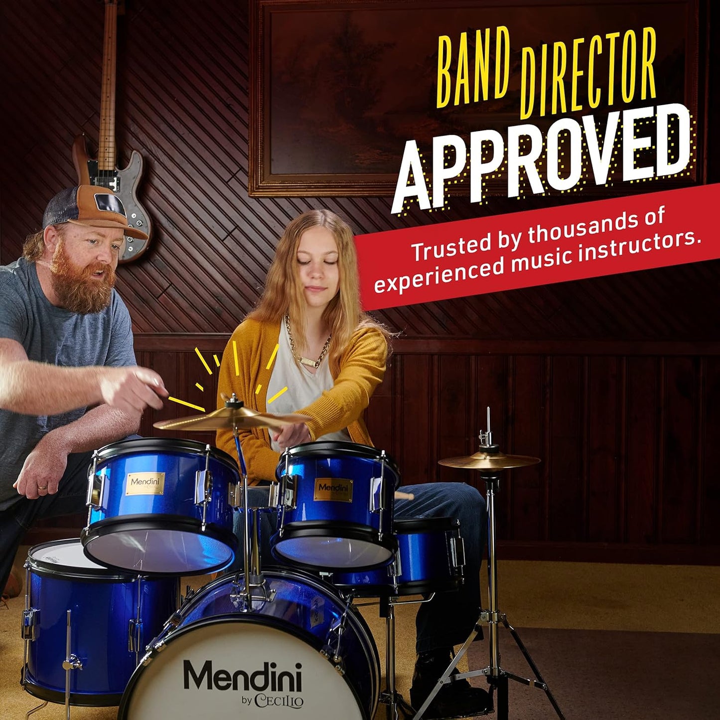 Mendini By Cecilio MJDS-5-WR Durable Wood 5 Pieces Drum Set Entry Level Drummer (Used, No Retail Box)