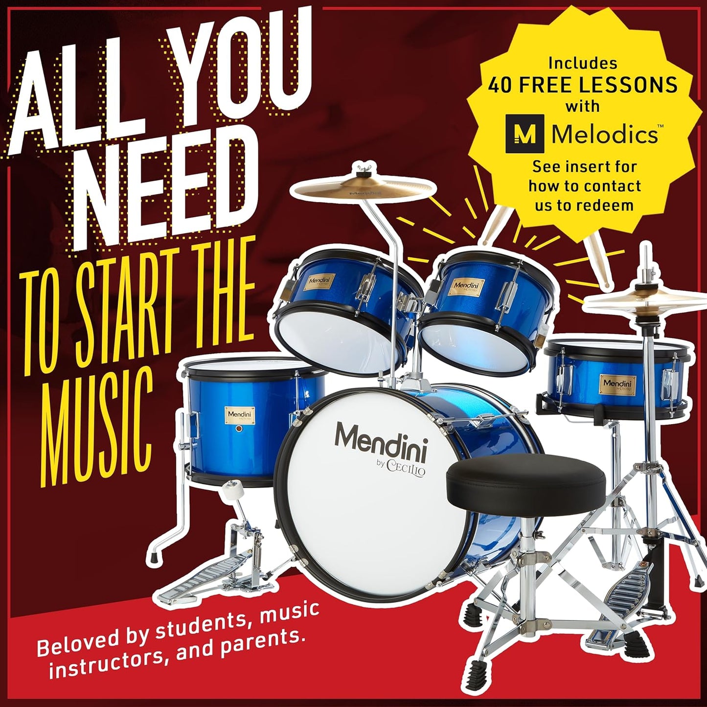 Mendini by Cecilio MJDS-5-WR Kids 16" Drum Set, 5 Pieces - Red Wine Metallic (Like New)