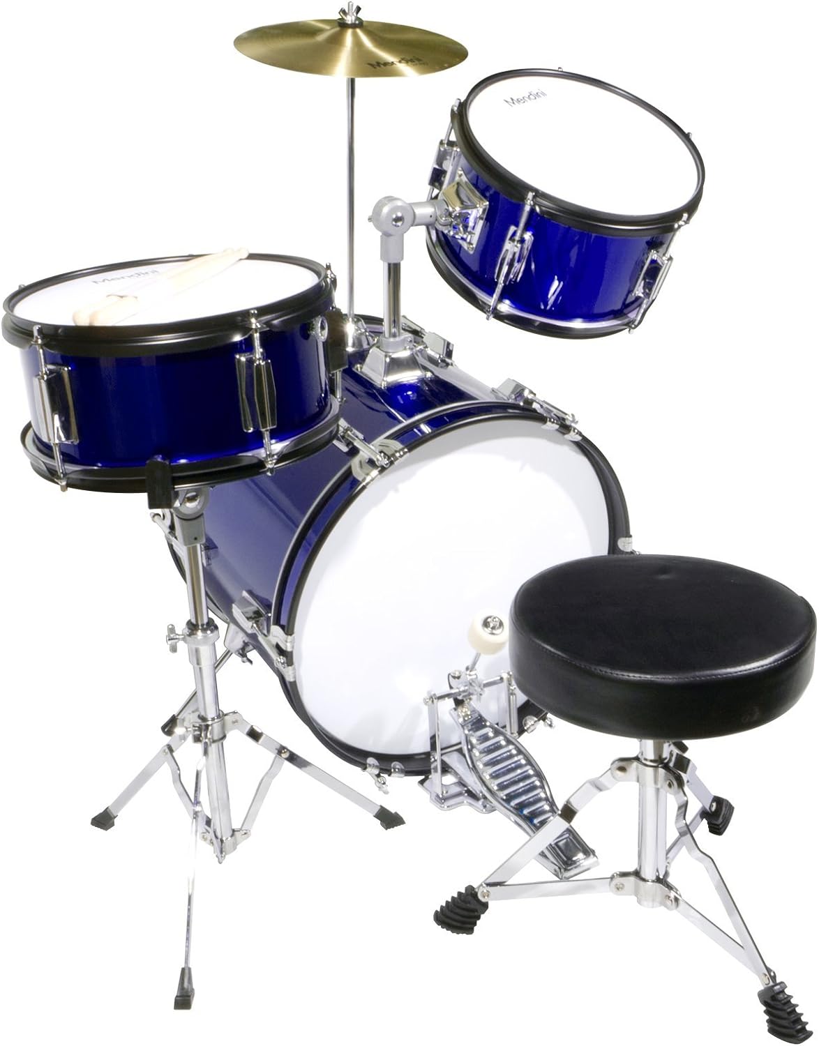 Mendini By Cecilio Junior Drum Set w/ 4 Drums, Sticks and Throne - Metallic Blue (Used)