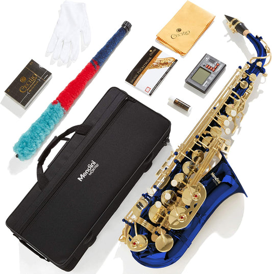 Mendini By Cecilio Eb Alto Saxophone w/Case, Tuner, Mouthpiece & 10 Reeds - Blue (Like New)