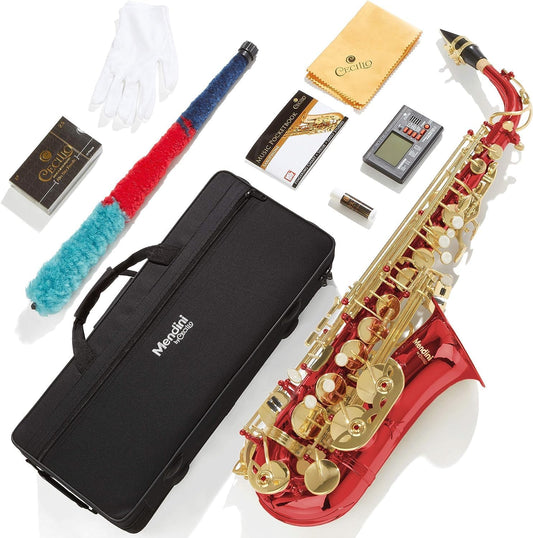 Mendini By Cecilio MAS-RL+92D+PB Eb Alto Saxophone- Case, Tuner, Mouthpiece, Red (Used, No Retail Box)