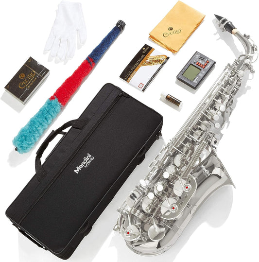 Mendini By Cecilio Eb Alto Saxophone, Case, Tuner, Mouthpiece, 10 Reeds- Nickel. (Used, No Retail Box)