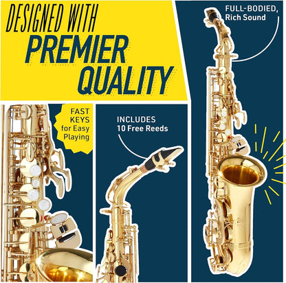 Mendini Eb Alto Saxophone w/Case, Tuner, Mouthpiece, 10 Reeds - Nickel & Gold (Used)