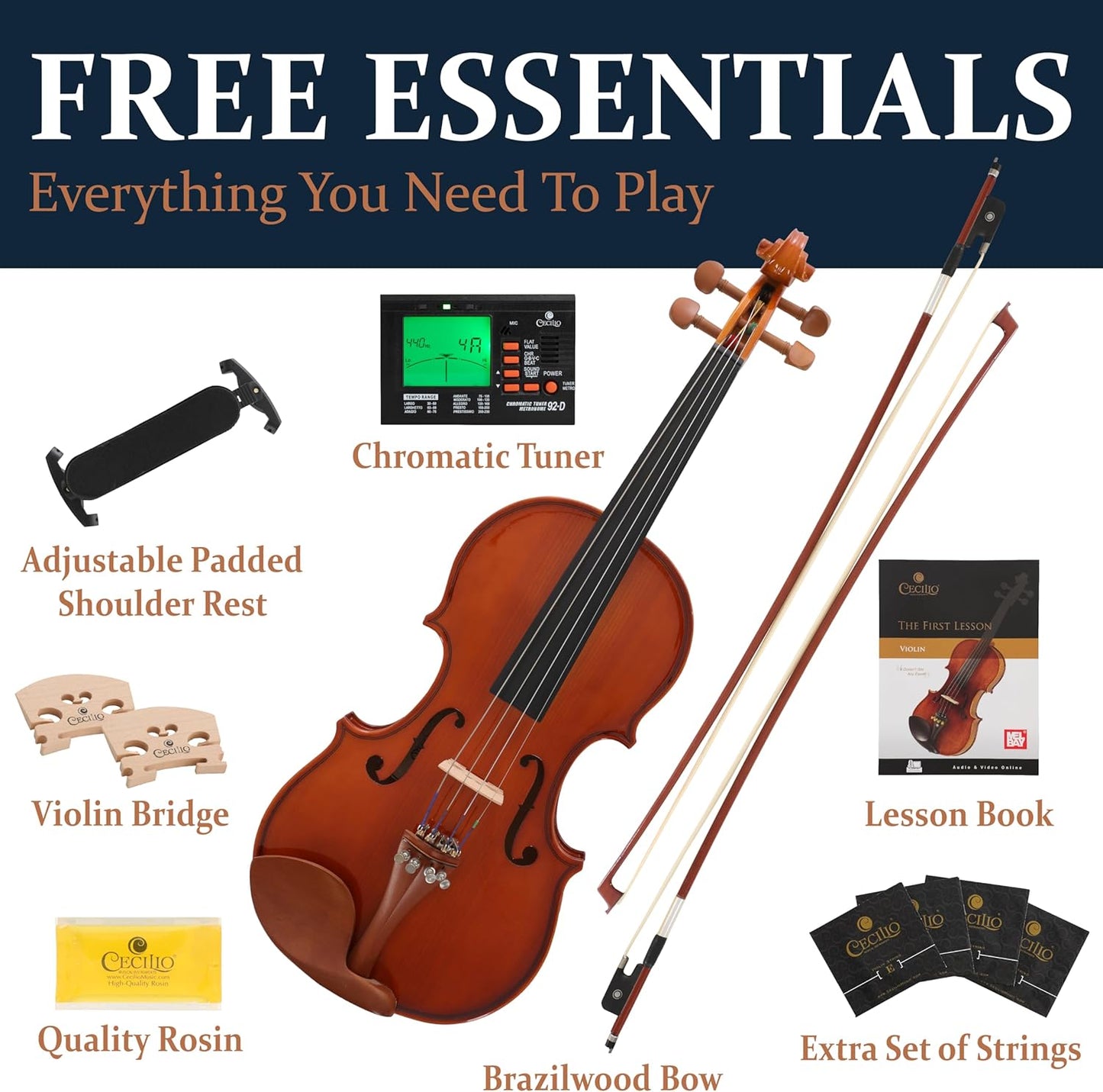 Cecilio Natural Varnish Violin for Beginner w/ Hard Case, Bows, Rosin - 1/2 Size (Like New)