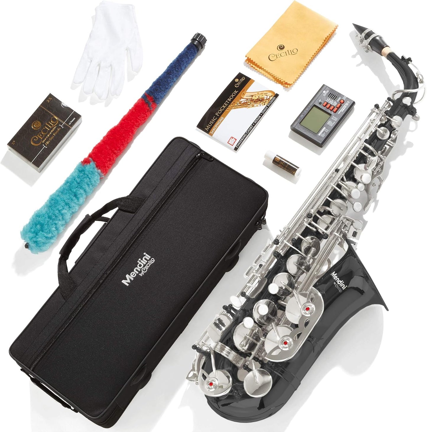 Mendini Eb Alto Saxophone - Case, Tuner, Mouthpiece, 10 Reeds - Black & Nickel (Like New)