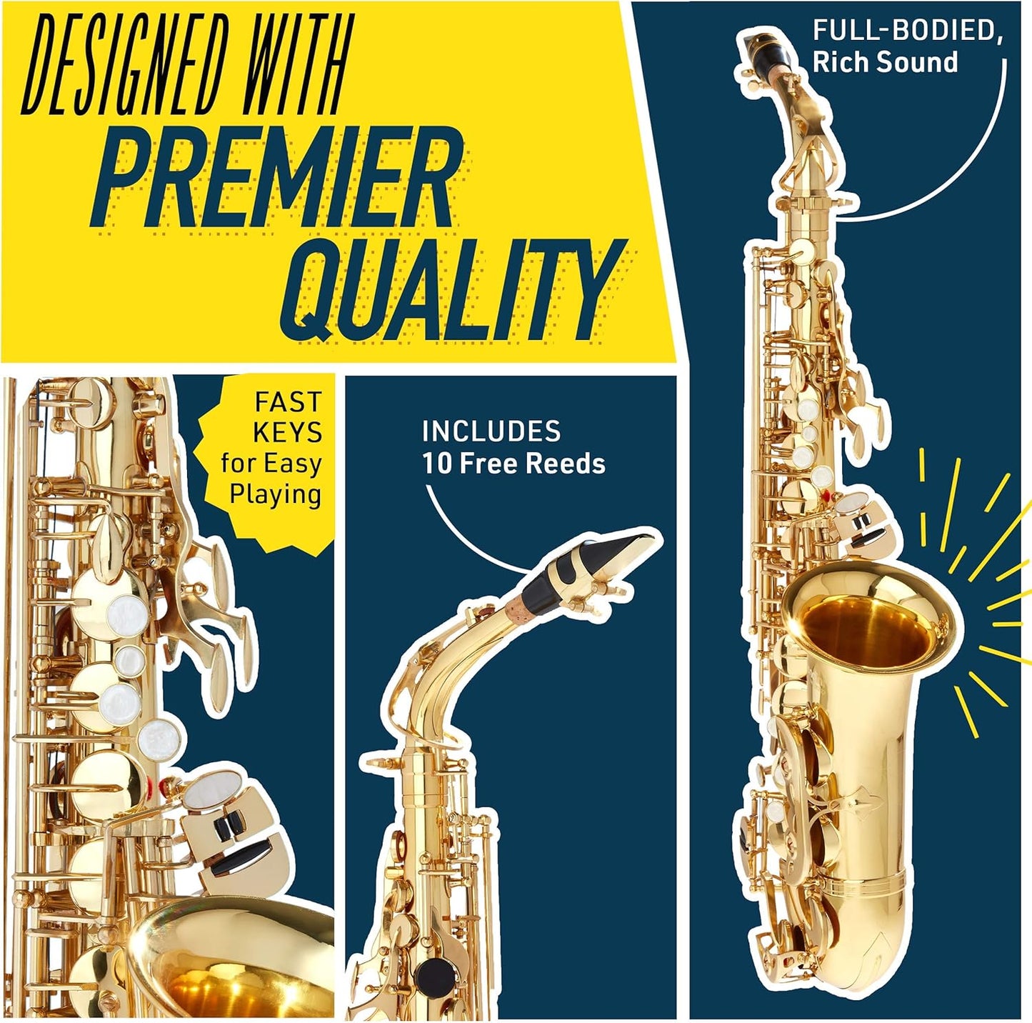 Mendini Eb Alto Saxophone - Case, Tuner, Mouthpiece, 10 Reeds - Black & Nickel (Like New)