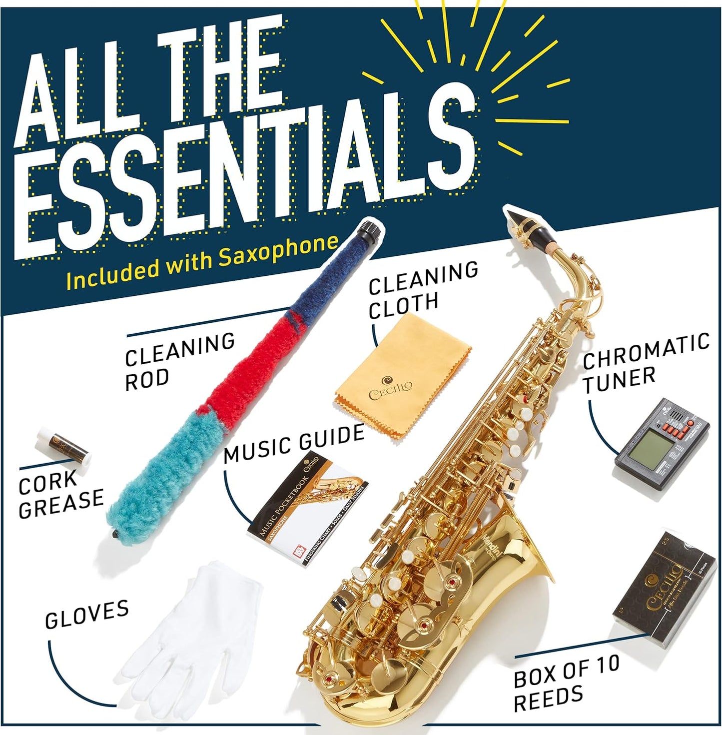 Mendini Eb Alto Saxophone - Case, Tuner, Mouthpiece, 10 Reeds - Black & Nickel (Like New)