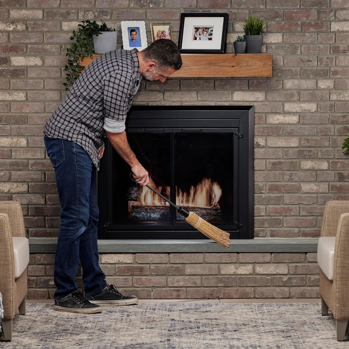 Uniflame 29.5" Fireplace Brush with Crook Handle Wrought Iron Ash Cleaner, Black (Like New)