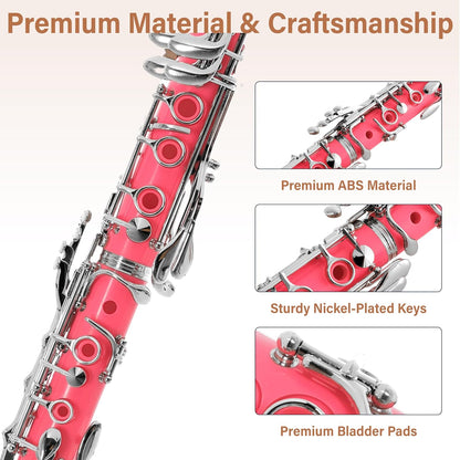 Mendini by Cecilio B Flat Clarinet w/ 10 Reeds, Mouthpiece, Gloves, Stand - Pink (Used)