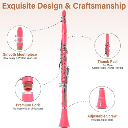 Mendini by Cecilio B Flat Clarinet w/ 10 Reeds, Mouthpiece, Gloves, Stand - Pink (Used)