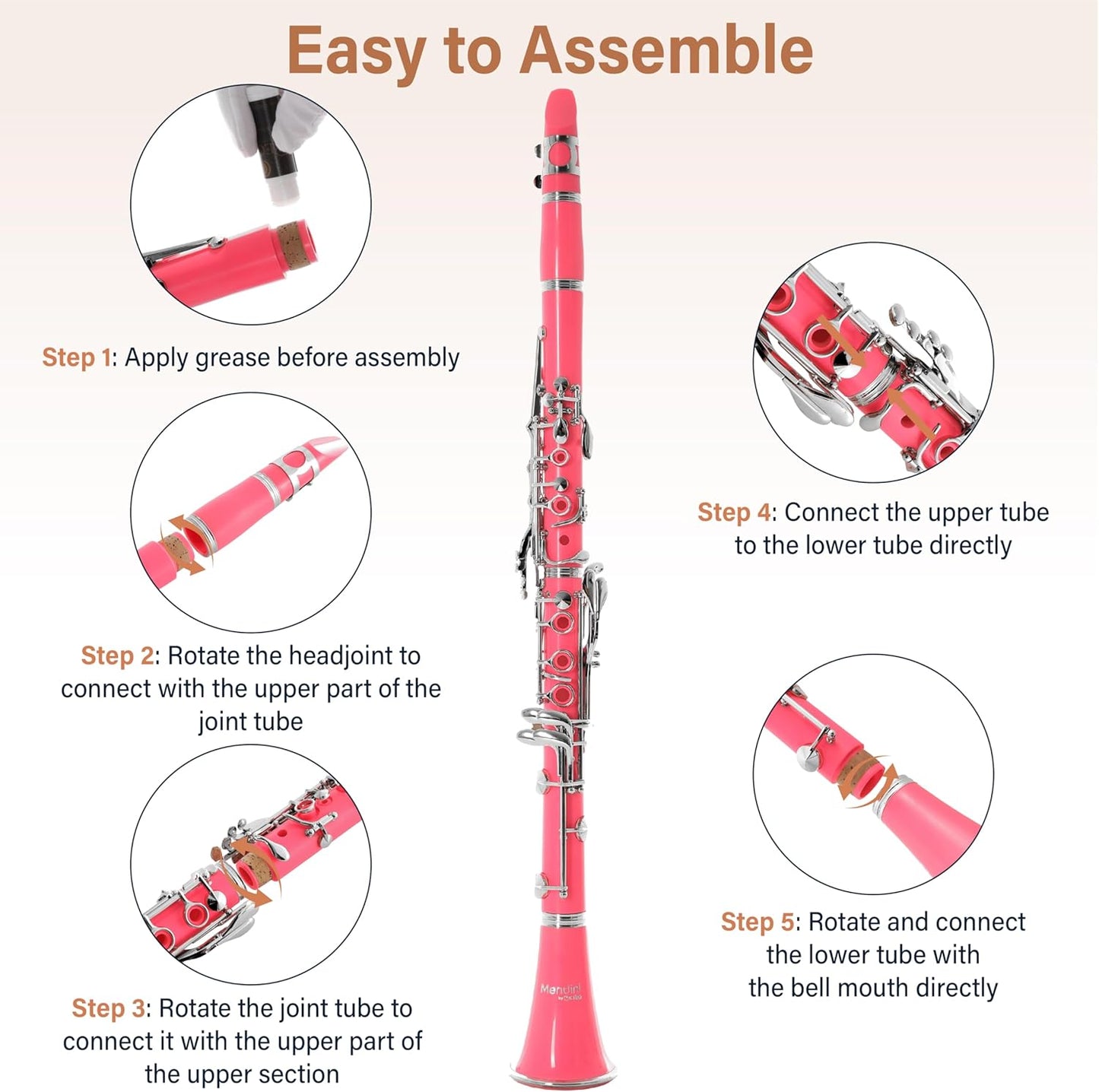 Mendini by Cecilio B Flat Clarinet w/ 10 Reeds, Mouthpiece, Gloves, Stand - Pink (Used)