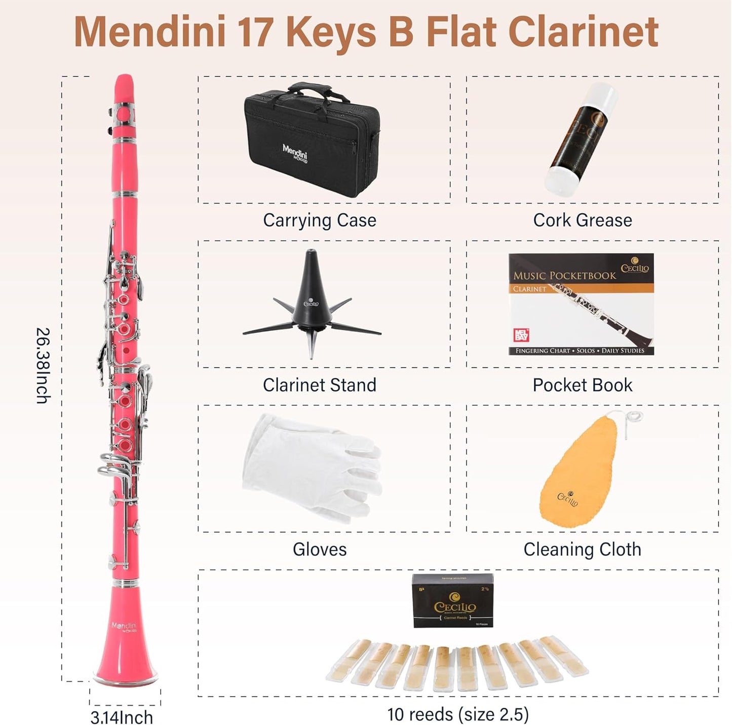 Mendini by Cecilio B Flat Clarinet w/ 10 Reeds, Mouthpiece, Gloves, Stand - Pink (Used)