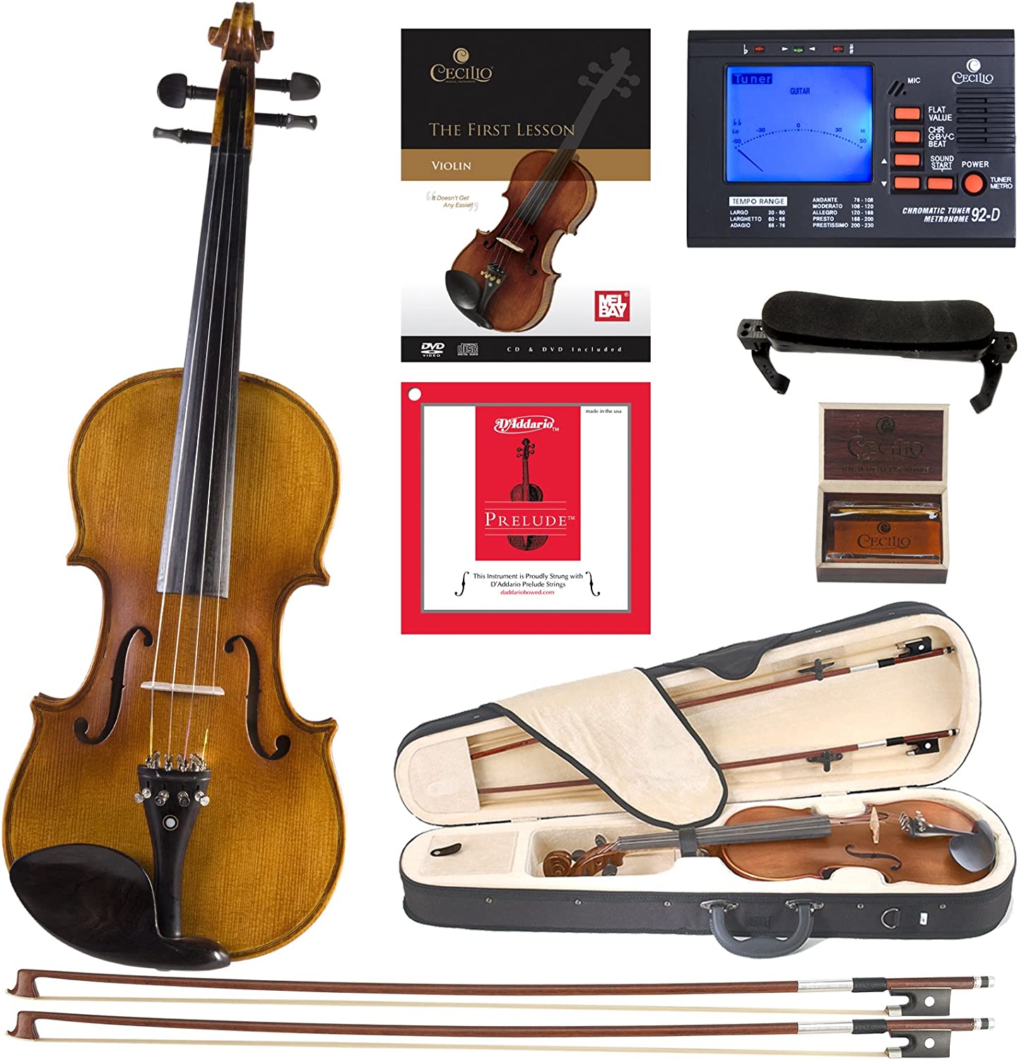 Cecilio CVN-500 Solidwood Ebony Fitted Violin w/ D'Addario Prelude Strings, 4/4- (Like New)