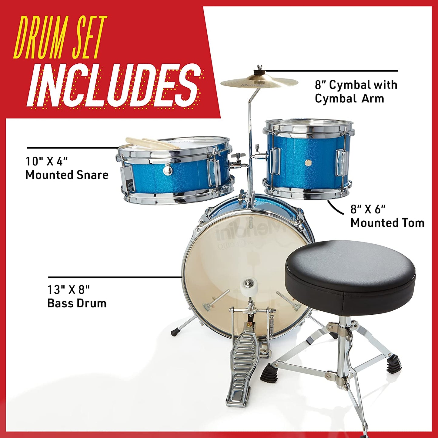 Mendini By Cecilio Junior Drum Set w/ 4 Drums, Sticks, Throne - Metallic Purple (Like New)