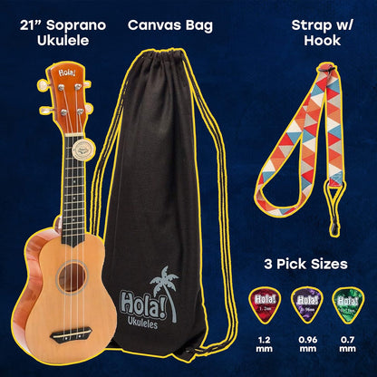 Hola! Music HM-21PK Soprano Ukulele Bundle, Canvas Tote Bag, Strap, Picks - Pink (Like New)