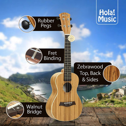 Hola! Music HM-124ZW+ Concert Ukulele Deluxe Series, 24 Inch - Zebrawood (New)