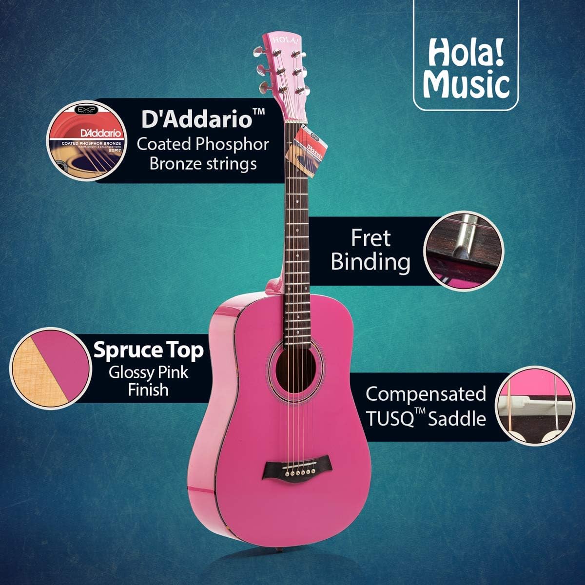 Hola! Music 36" Acoustic Guitar Bundle for Beginners and Kids, 3/4 - Pink- (Used)