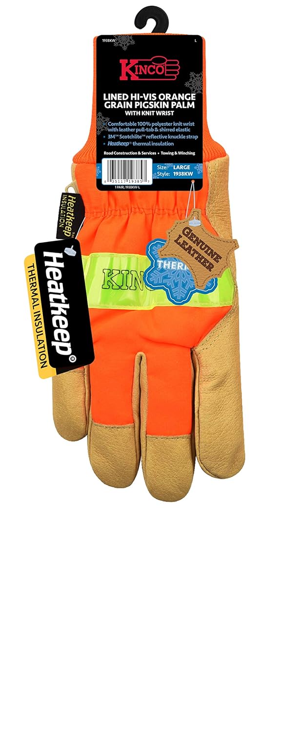 Kinco 1938KW-S-1 Lined Hi-Vis Waterproof Leather Gloves for Adult, Orange, Small (Like New)