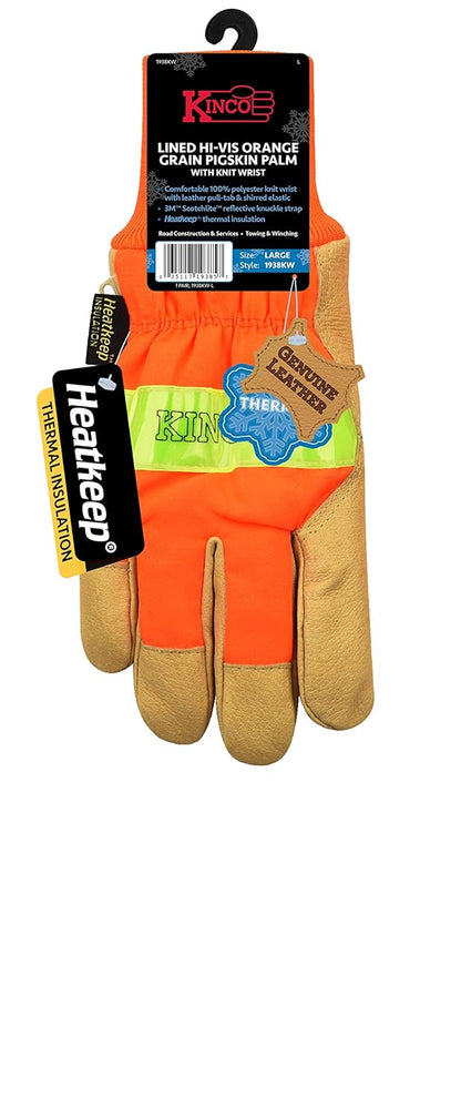 Kinco 1938KW-S-1 Lined Hi-Vis Waterproof Leather Gloves for Adult, Orange, Small (Like New)