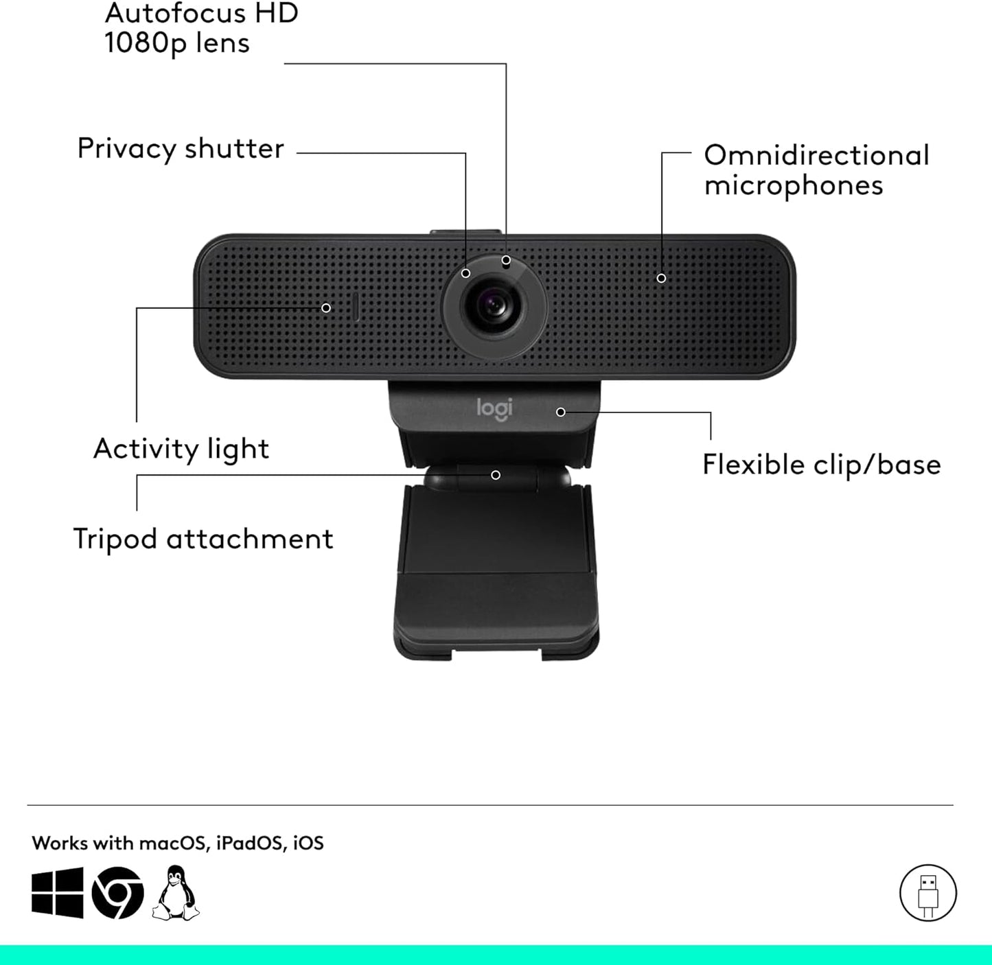 Logitech 960-001075 Webcam with HD Video and Built-In Stereo Microphones - Black (Used)
