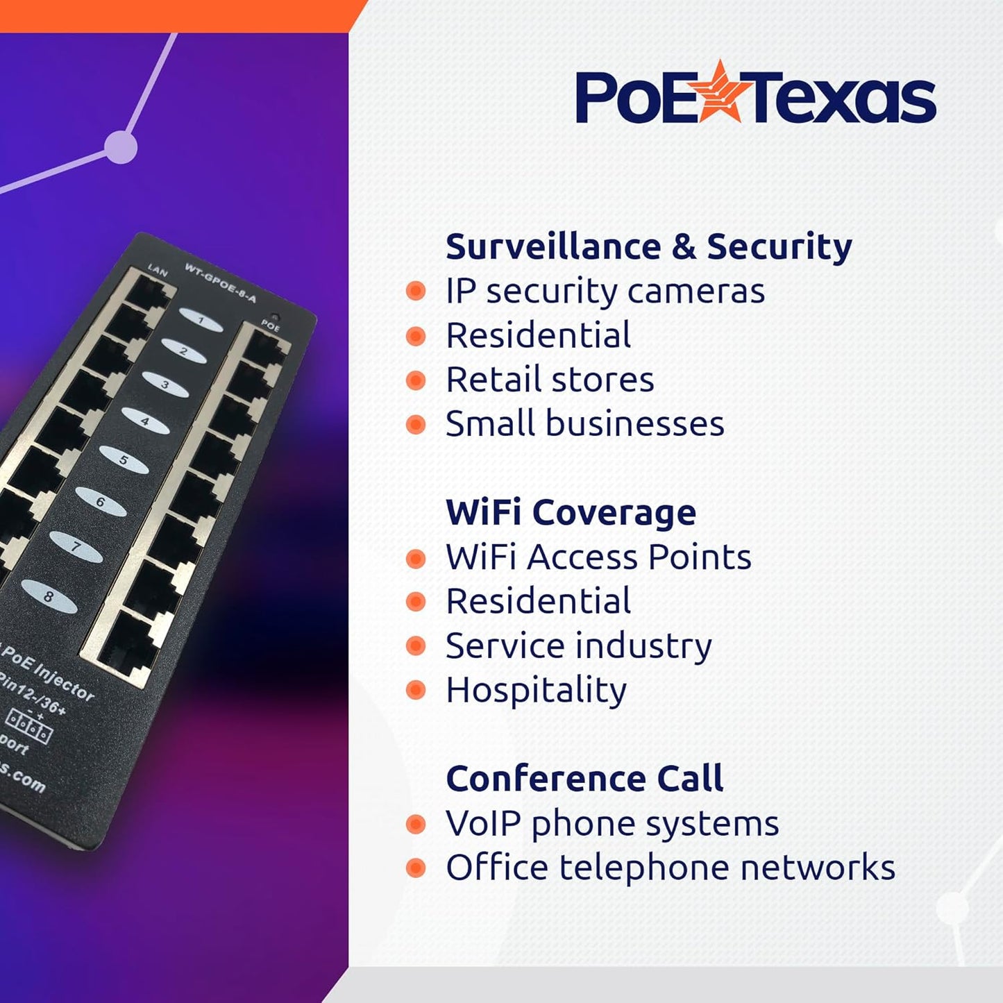Poe Texas Gigabit Passive Power Over Ethernet Midspan 8 Port Network Switches (Used, No Retail Box)