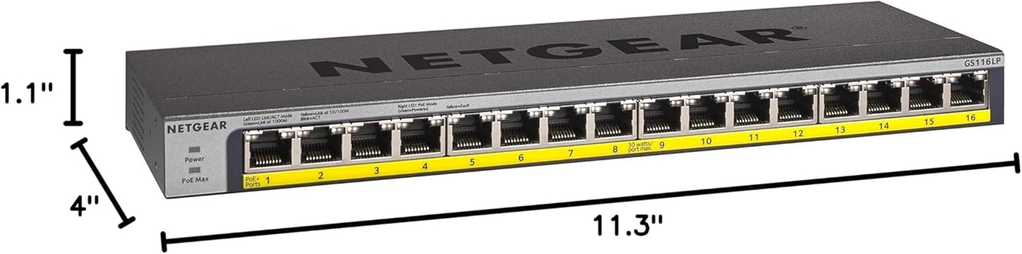 NETGEAR 16-Port PoE+ Gigabit Ethernet Switch for Desktop, 1 Amps, Silver/Black (Like New, No Retail Box)