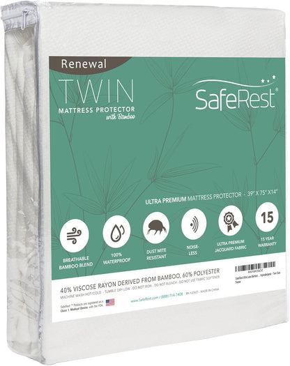 SafeRest Bamboo Derived Viscose Rayon Mattress Pad Protector Cover, Twin Size (New)
