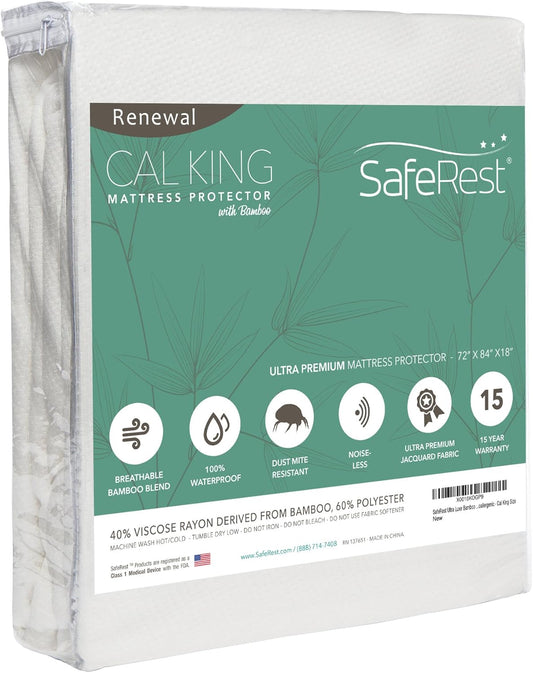 SafeRest Renewal Premium Mattress Protector Waterproof Cover, Cal King, White (New)