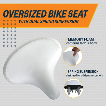 Bikeroo Extra Wide Faux Leather Cruiser Bike Seat with Suspension, Large - White (Like New)