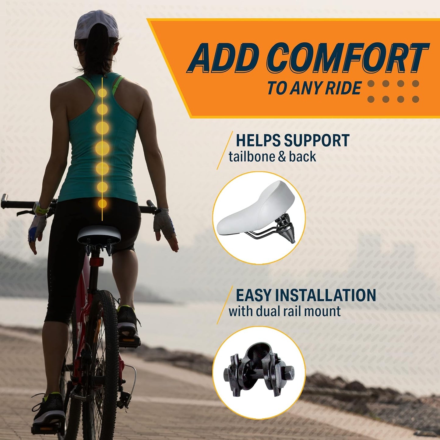 Bikeroo Extra Wide Faux Leather Cruiser Bike Seat with Suspension, Large - White (Like New)