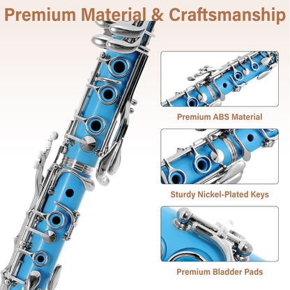 Mendini by Cecilio B Flat Elegant Clarinet with 10 Reeds for Beginners - Nickel (Like New)