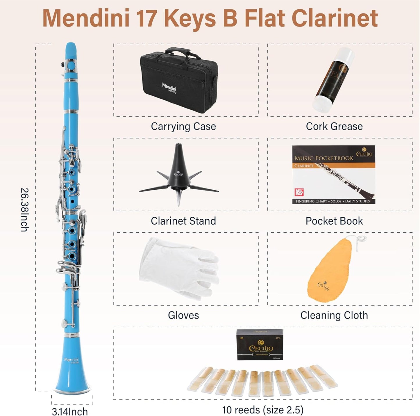 Mendini by Cecilio B Flat Elegant Clarinet with 10 Reeds for Beginners - Nickel (Like New)