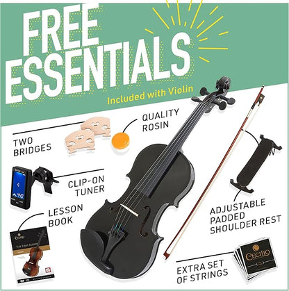 Mendini By Cecilio Violin For Kids & Adults, 4/4 MV Metallic Violins - Black-- (Used)