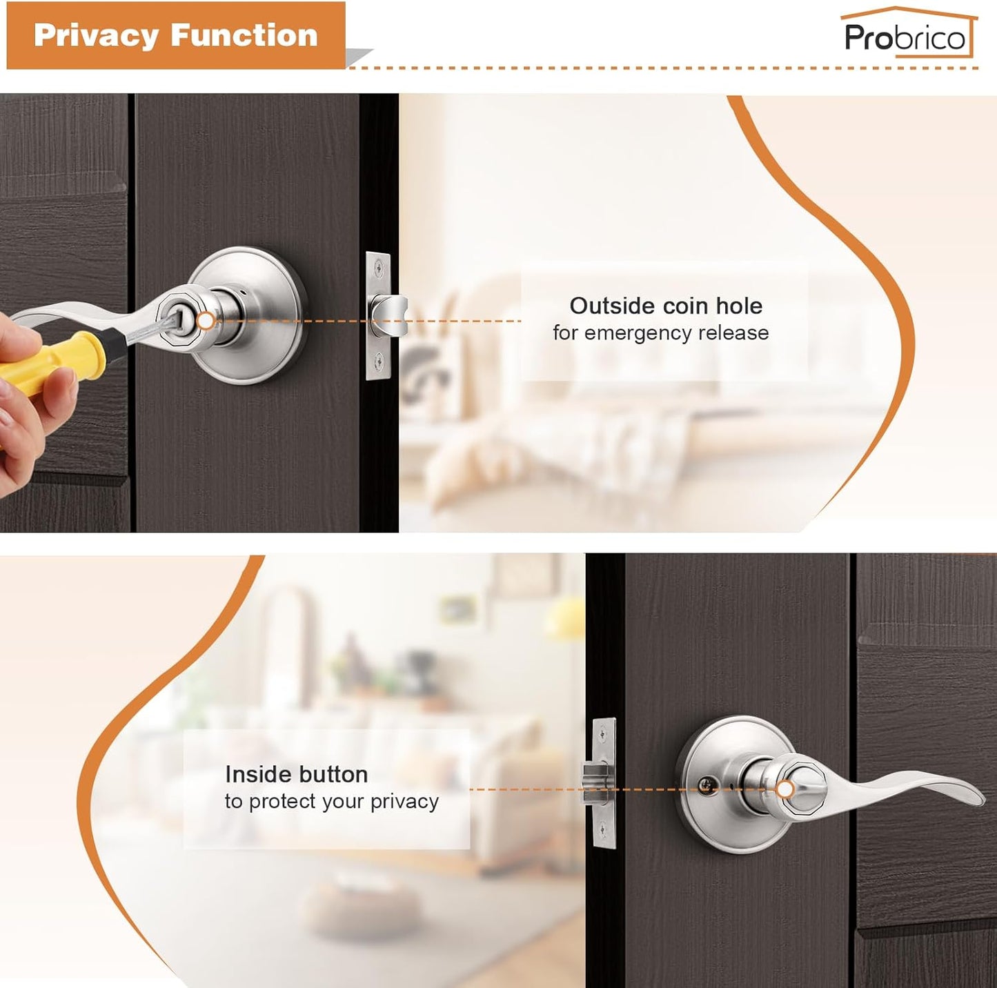 Probrico DL12061SNBK Wave Style Privacy Bed Bath Door Levers with Keyless Lock (Used)