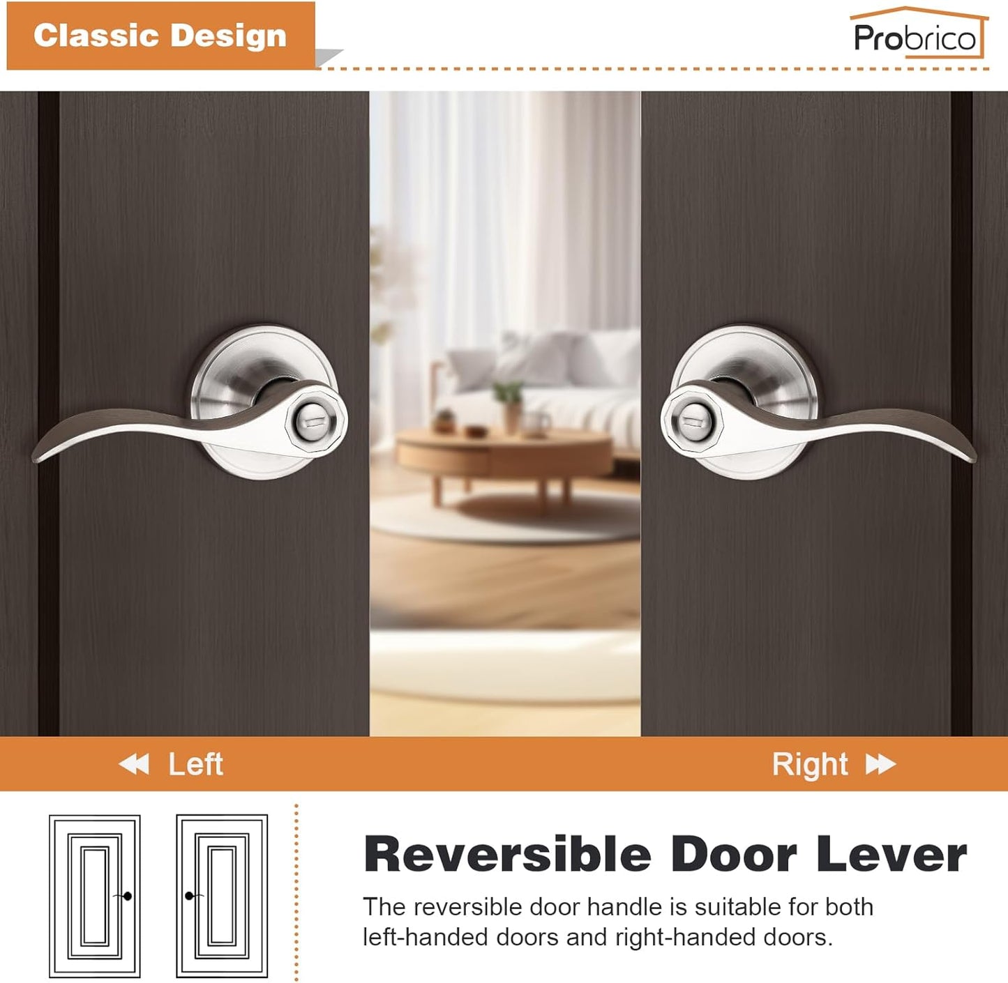 Probrico DL12061SNBK Wave Style Privacy Bed Bath Door Levers with Keyless Lock (Used)