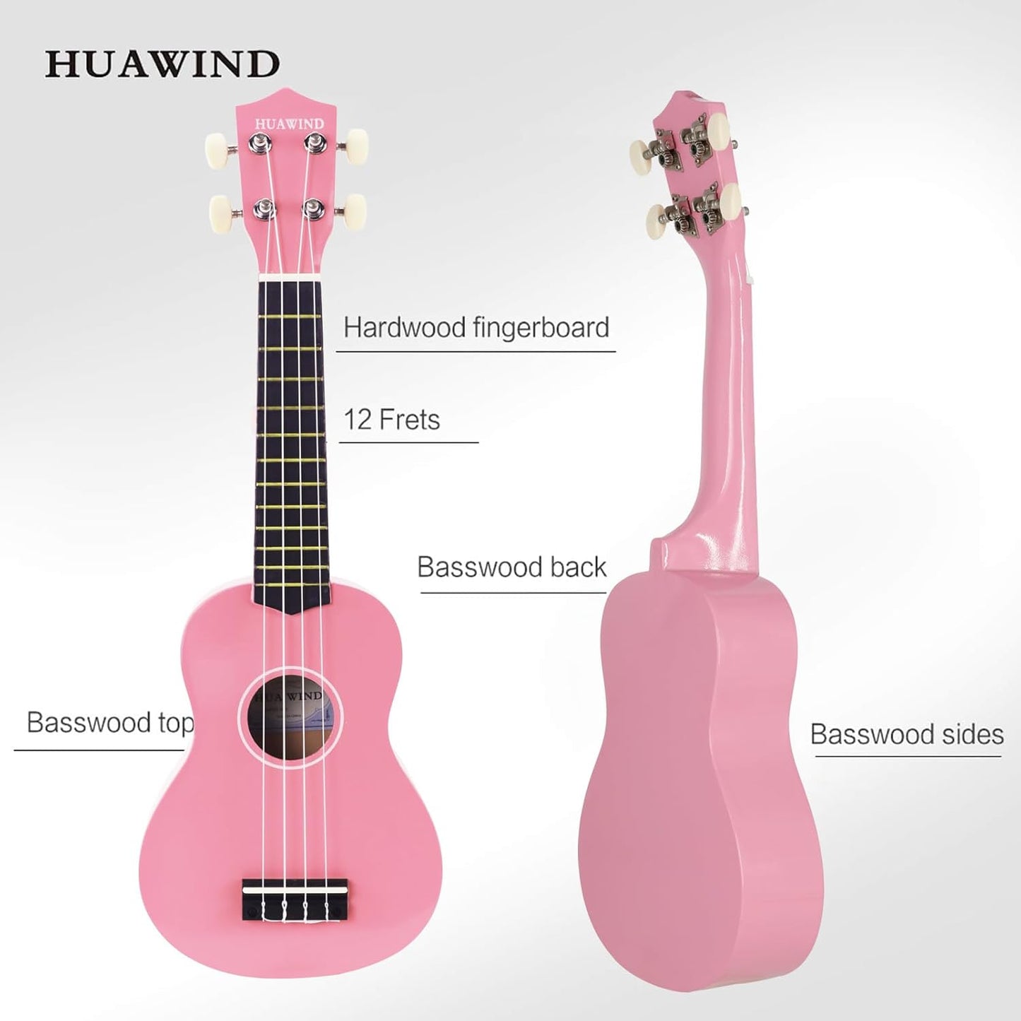 HUAWIND 21-Inch Soprano Ukulele for Beginners with 4-String Basswood, Pink (Used)
