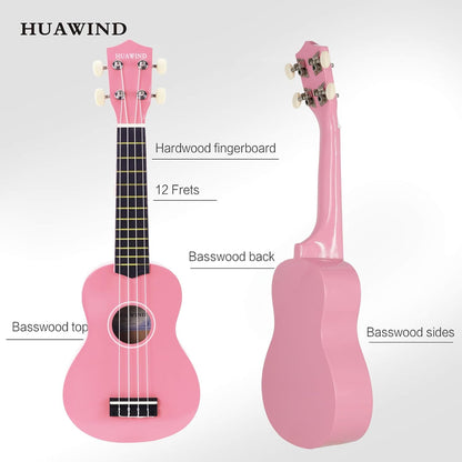 HUAWIND 21-Inch Soprano Ukulele for Beginners with 4-String Basswood, Pink (Used)