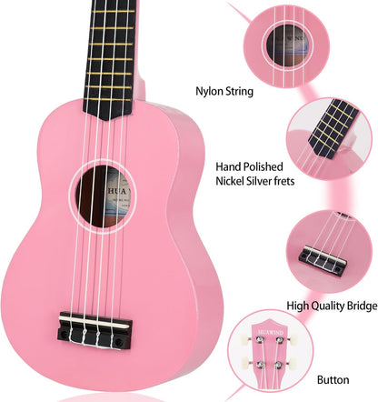 HUAWIND 21-Inch Soprano Ukulele for Beginners with 4-String Basswood, Pink (Used)