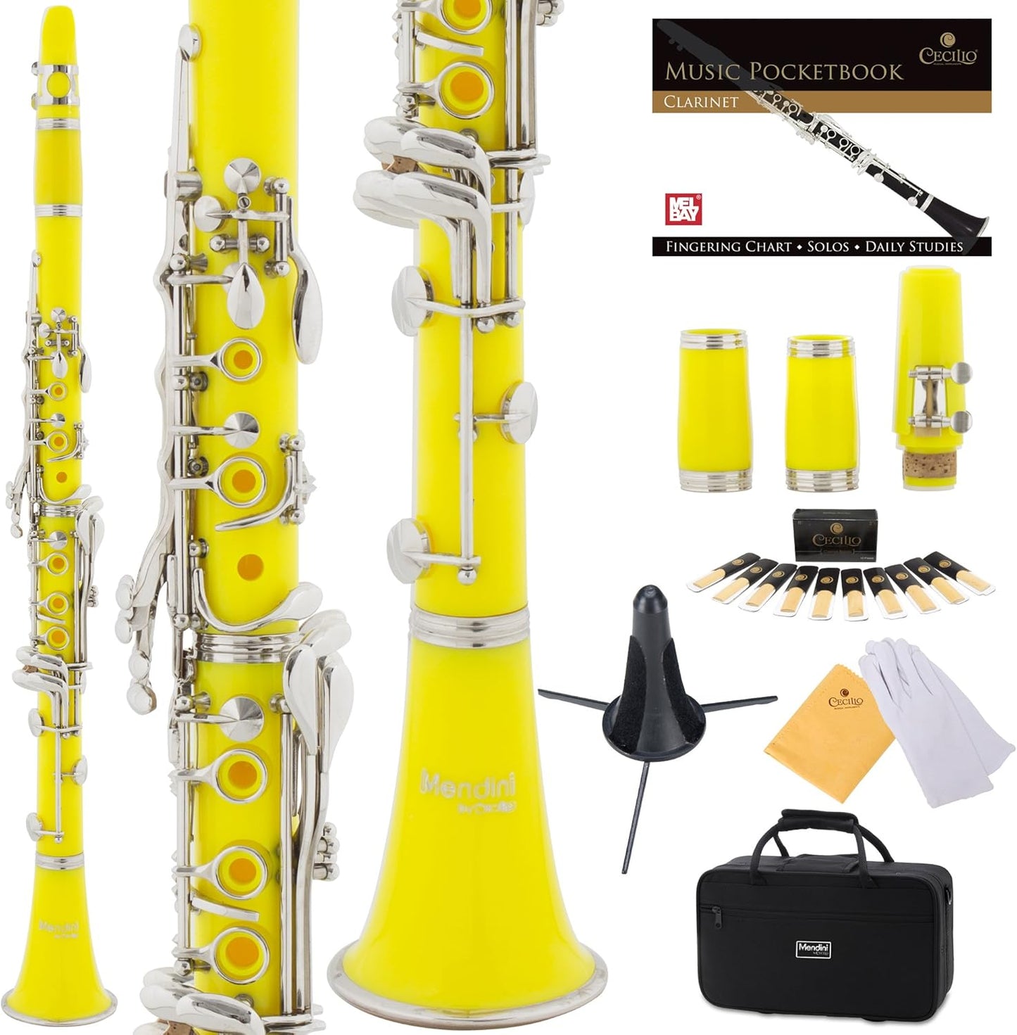 Mendini by Cecilio B Flat Clarinet with 2 Barrels 10 Reeds, Stand, Hard Case (Used)