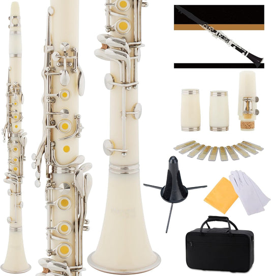 Mendini MCT-2W+SD+PB ABS B Flat Clarinet with 2 Barrels, Case & Stand - White (Like New)