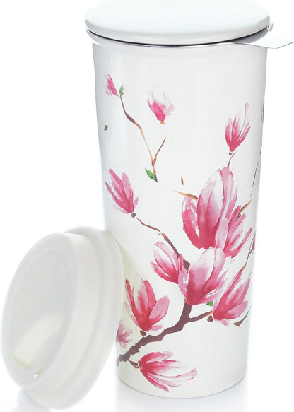 Willow & Everett Modern Double-Walled Ceramic Tea Cup for Hot Drinks, Floral (Like New)