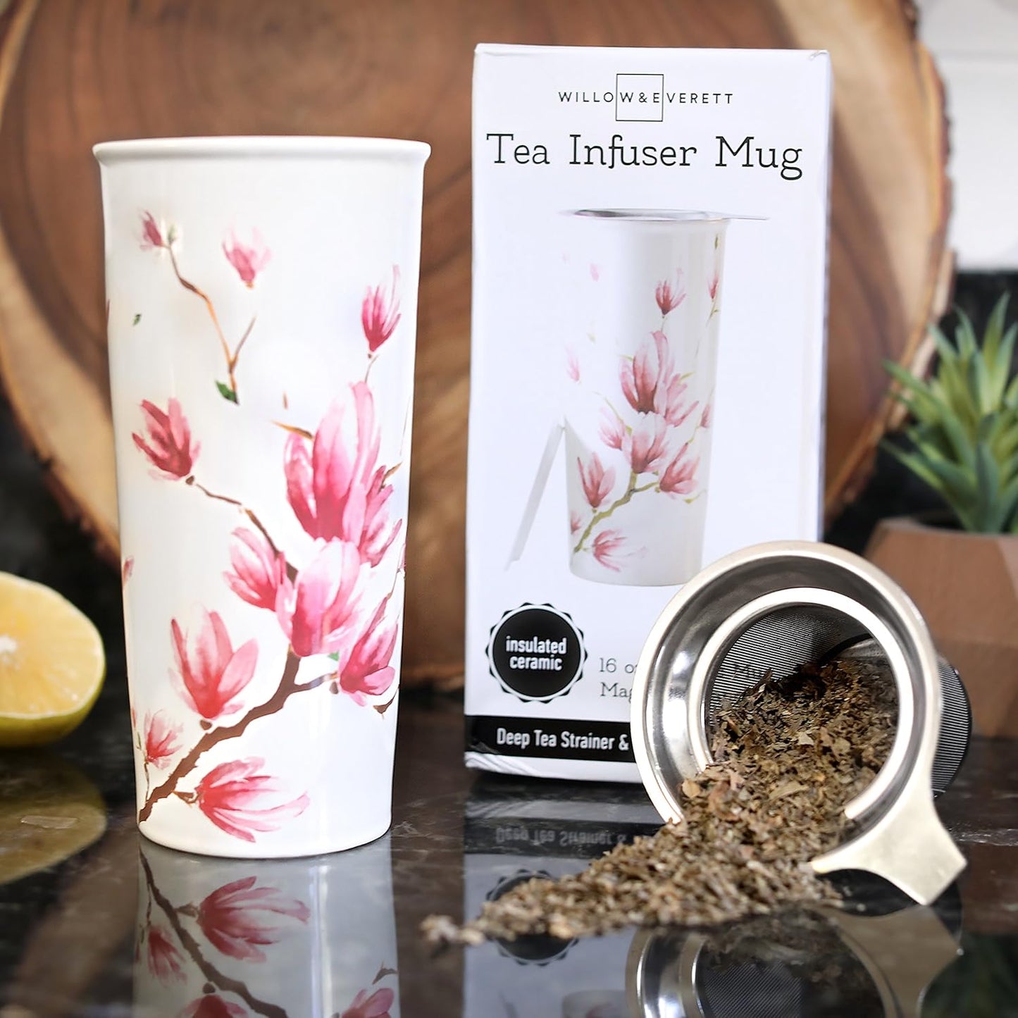 Willow & Everett Modern Double-Walled Ceramic Tea Cup for Hot Drinks, Floral (Like New)