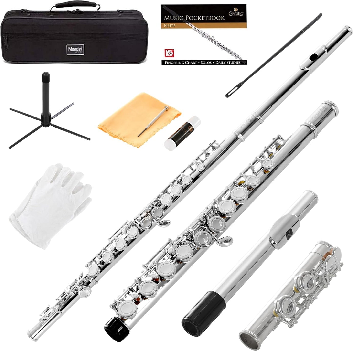 Mendini By Cecilio C Flute, 16-Key Closed Hole w/ Case, Gloves - Silver Nickel (Used)