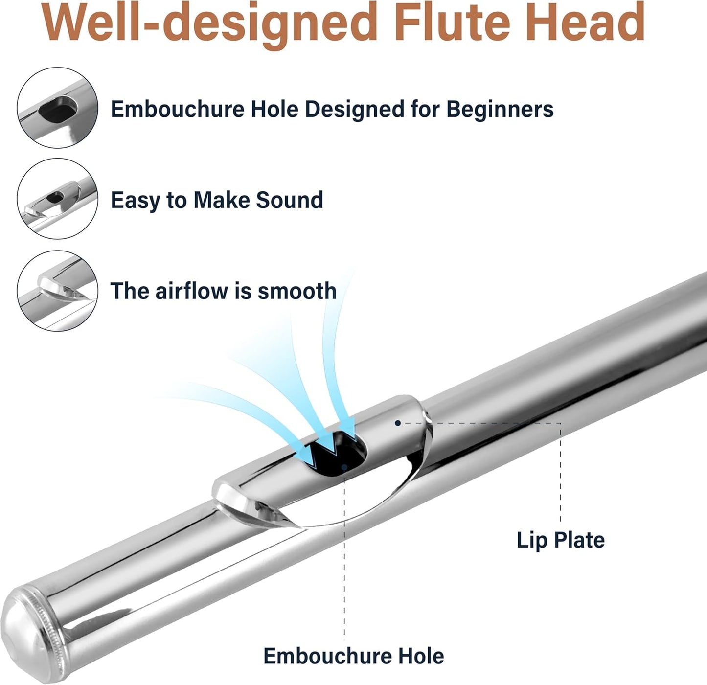 Mendini By Cecilio C Flute, 16-Key Closed Hole w/ Case, Gloves - Silver Nickel (Used)
