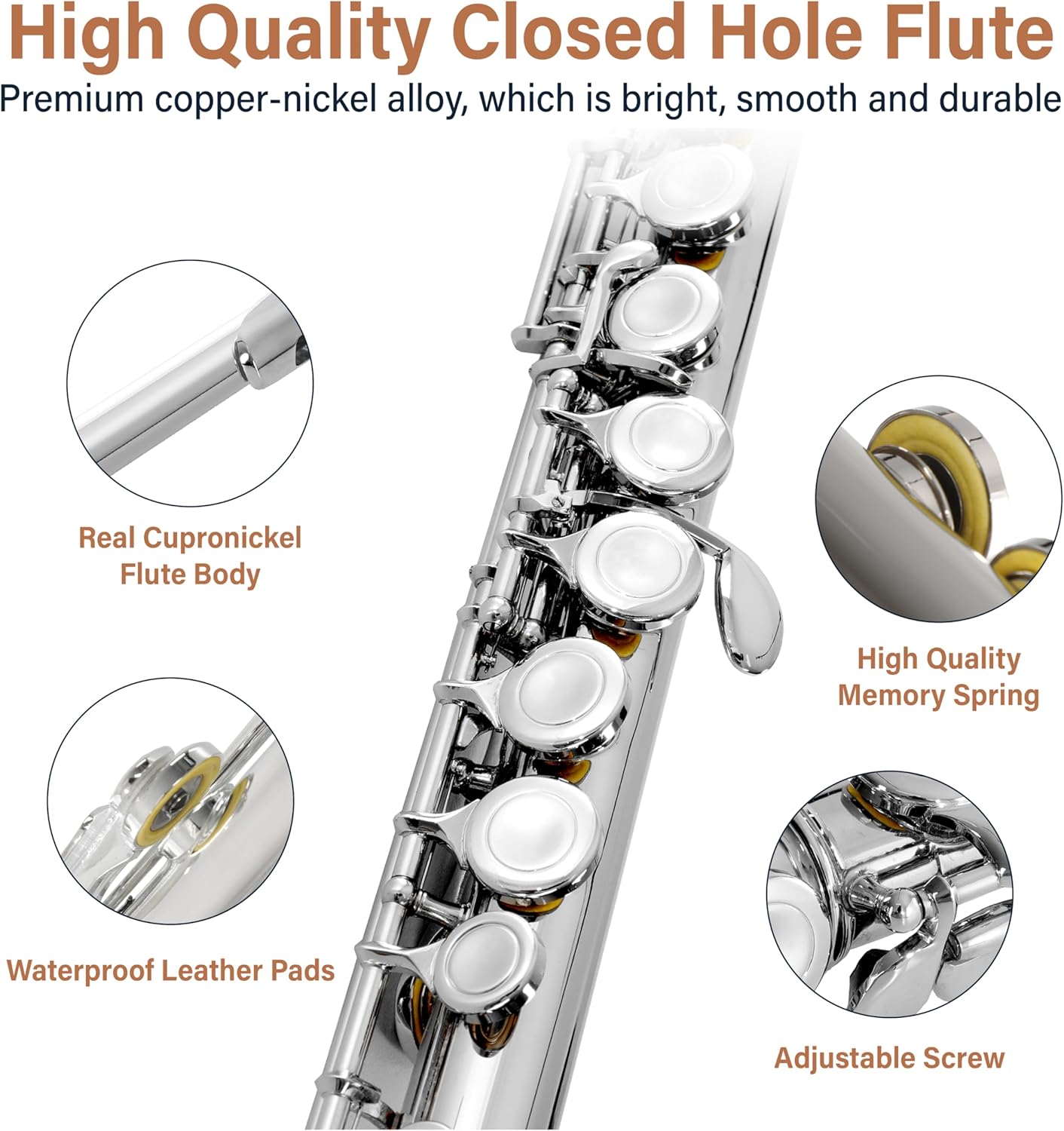 Mendini By Cecilio C Flute, 16-Key Closed Hole w/ Case, Gloves - Silver Nickel (Used)