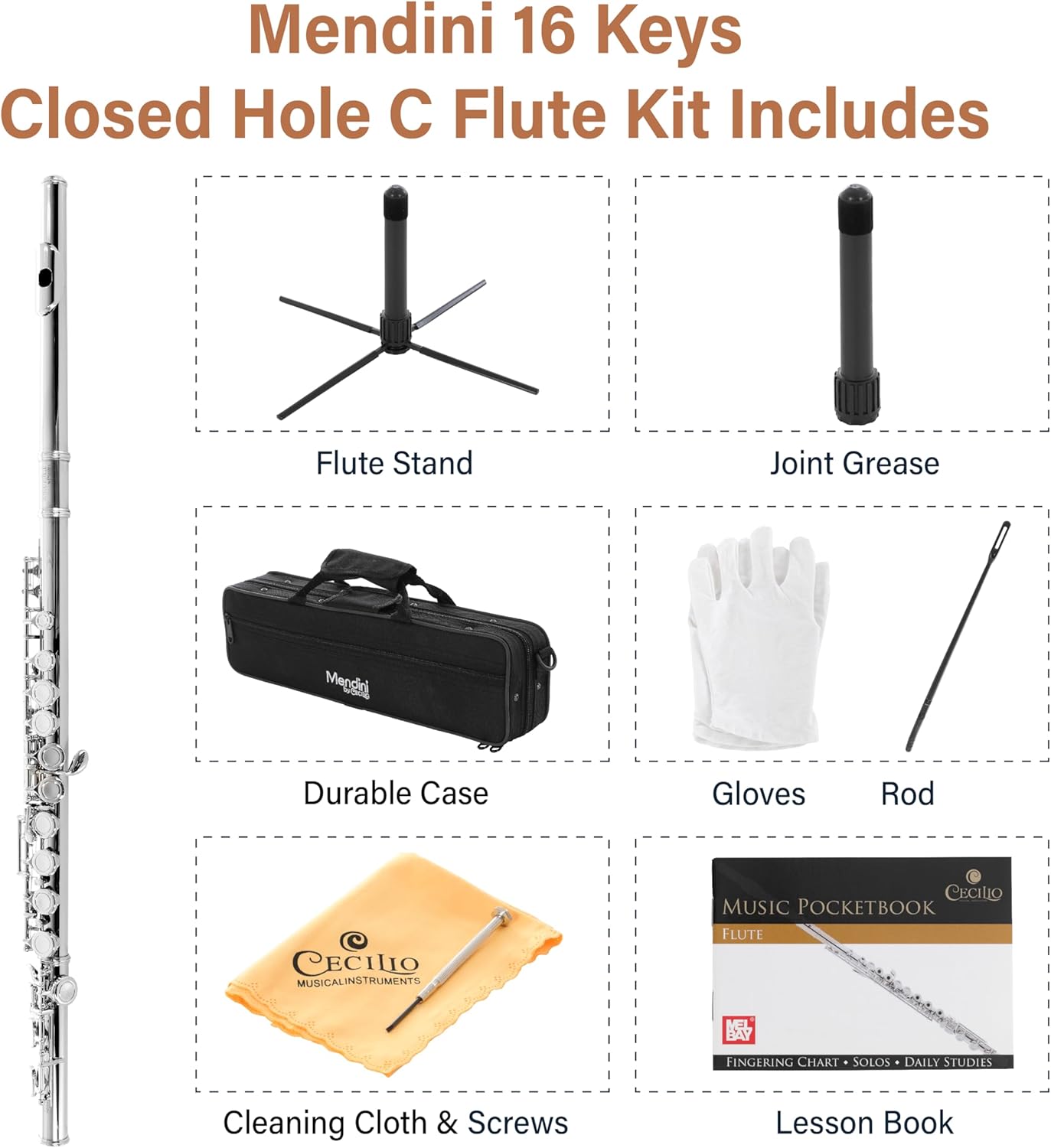 Mendini By Cecilio C Flute, 16-Key Closed Hole w/ Case, Gloves - Silver Nickel (Used)