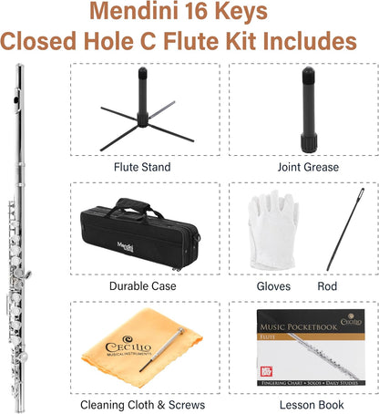 Mendini By Cecilio C Flute, 16-Key Closed Hole w/ Case, Gloves - Silver Nickel (Used)